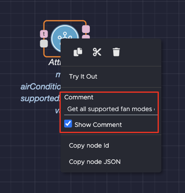 Right-click menu of node, with a comment added and the "Show Comment" box selected.
