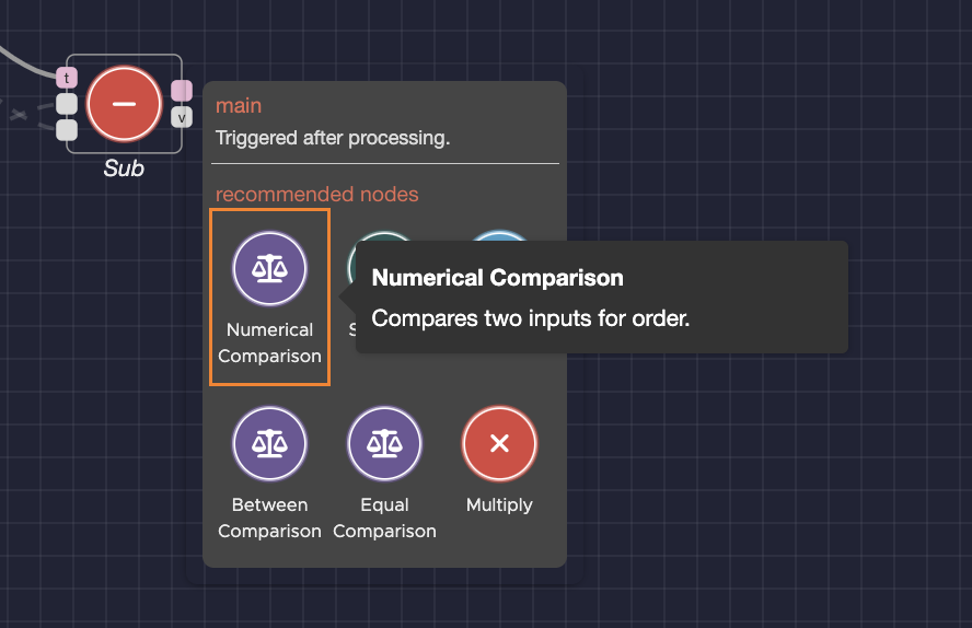 In the recommended nodes popup, the Numerical Comparison node is highlighted, and a popup description to the right of it describes the Numerical Comparison Node as "Compares two inputs for order."