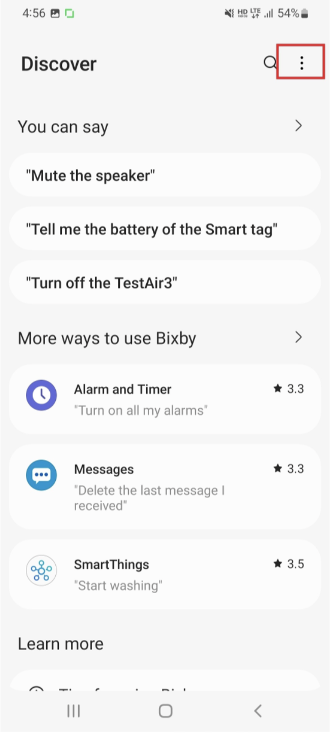 Tap More menu in Bixby app