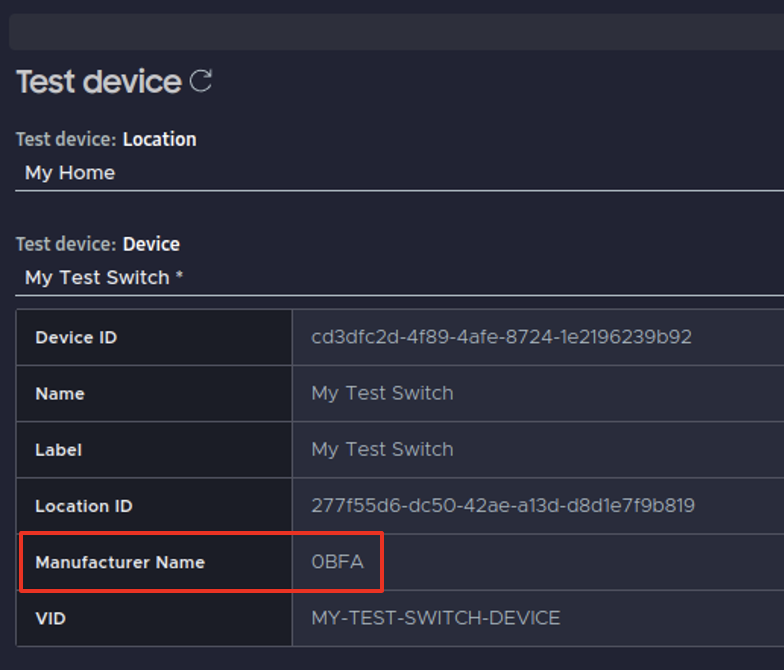 Test Device information screen with MNID highlighted