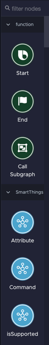 The node menu showing three Function nodes stacked vertically above three SmartThings nodes stacked vertically