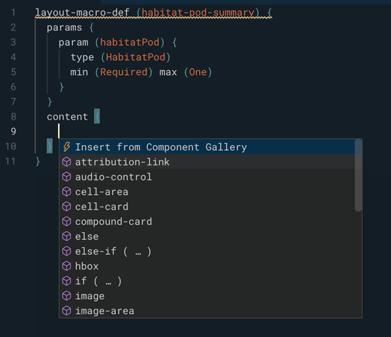 Insert from Component Gallery in autocomplete list