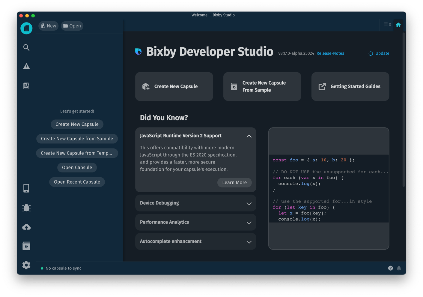 Bixby Developer Studio welcome page