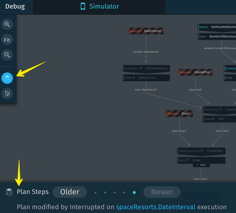 Plan Versions UI, with arrows pointing to Plan Versions button in the upper left settings and to the Plan Steps options in the bottom left corner of the Debug Console