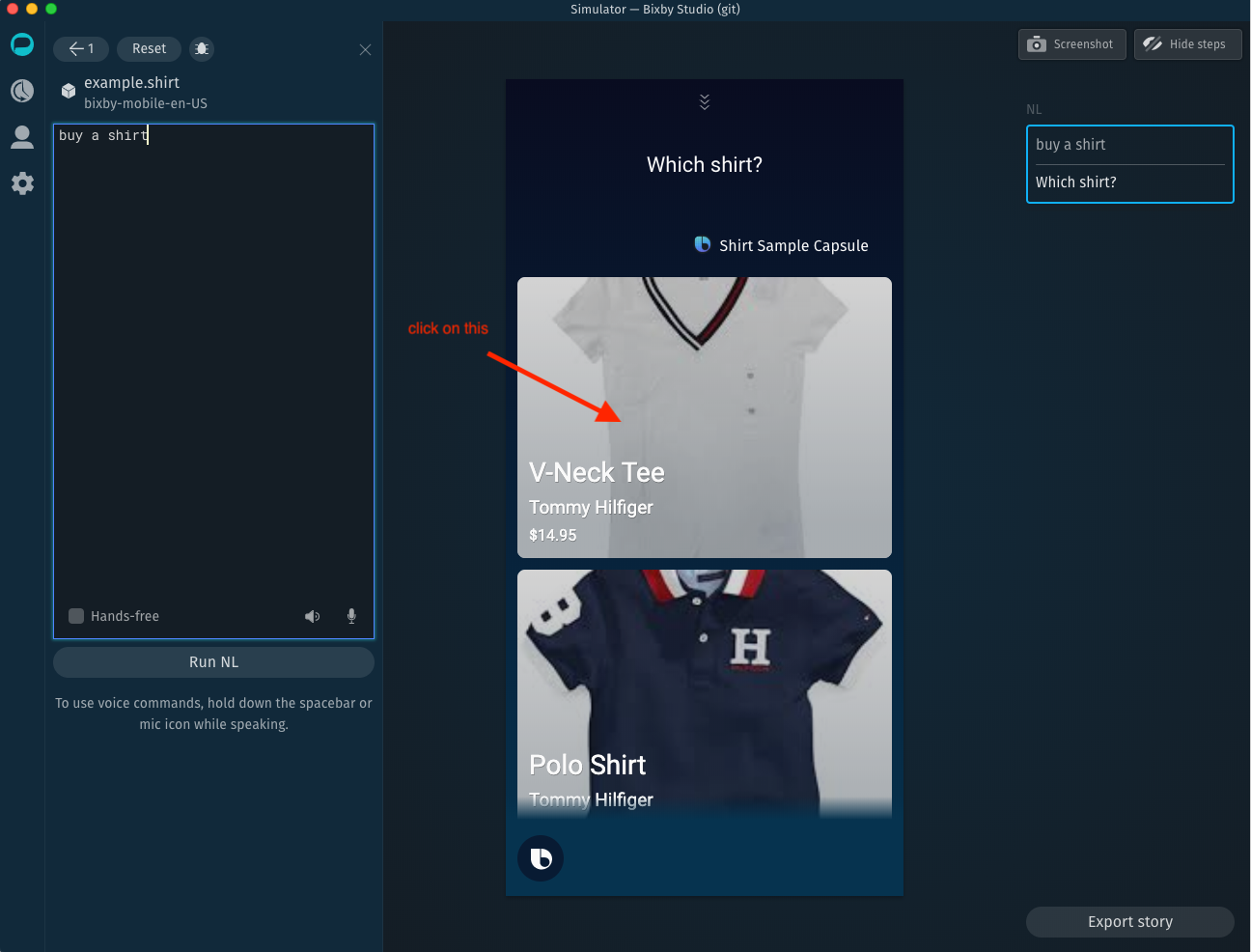 Step 1, showing a list view of the shirt sample capsule with an arrow pointing to the first shirt card in the Simulator saying "click on this"