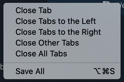 Close Tab menu, displaying Close Tab, Close Tab to the Left, Close Tab to the Right, Close Other Tabs, and Close All Tabs