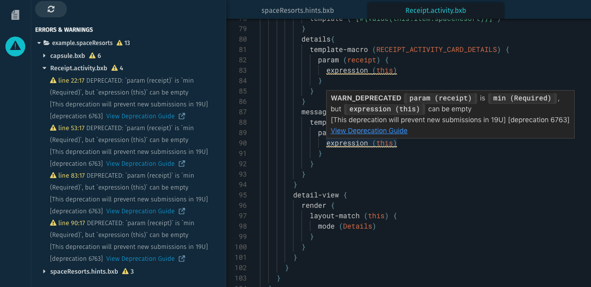 Hover over a deprecation error, with a View Deprecation Guide link in the error