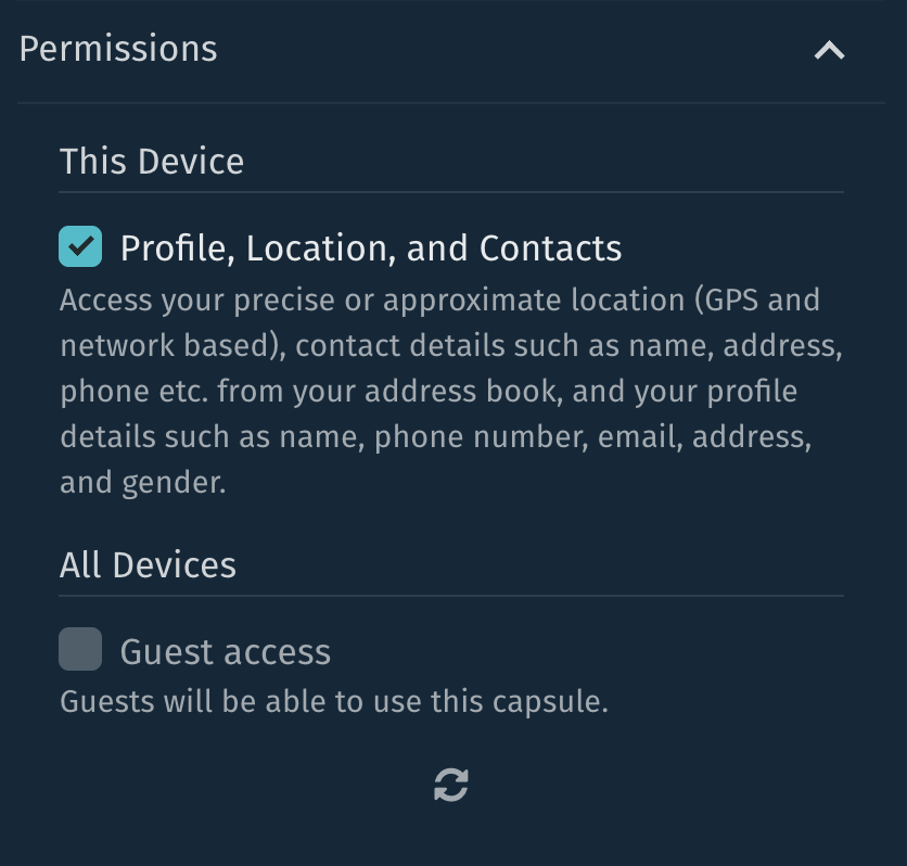 Capsule Permission options in the Simulator, showing permissions This Device and All Devices