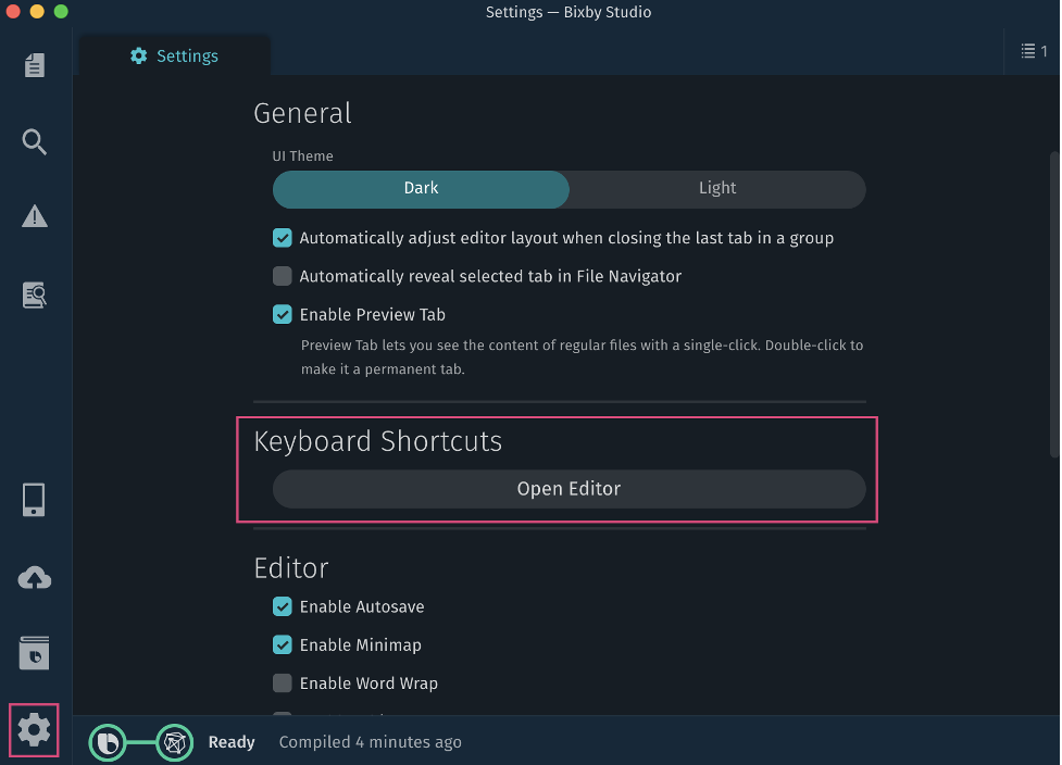 Settings Page in Bixby Developer Studio with a box around the Keyboard Shortcuts option and the Gear icon.