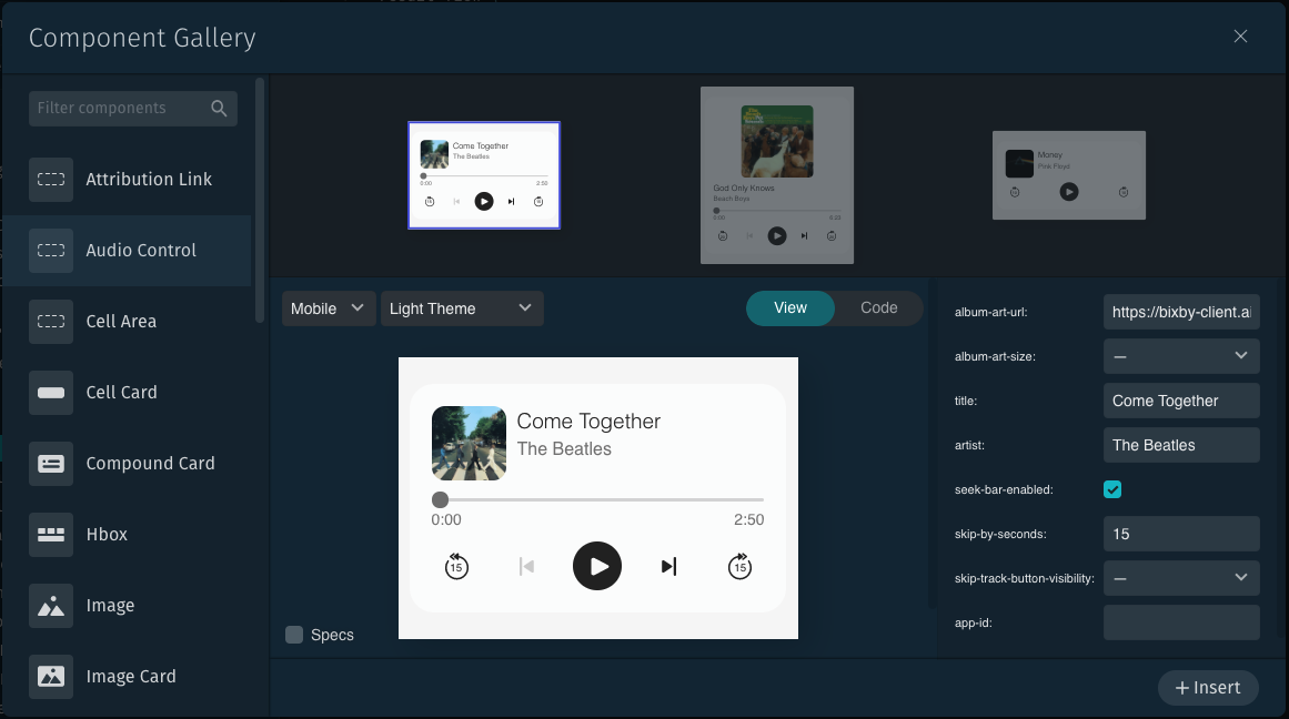 The `audio-control` Views component in the component gallery