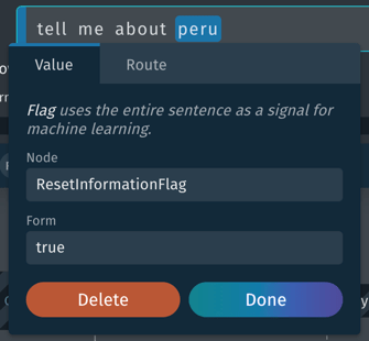 The flag annotation window for the utterance "tell me about Peru", showing that ResetInformationFlag is set to true.