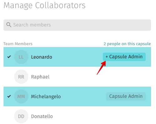 Manage Collaborators window, with an arrow pointing to a + Capsule Admin button next to a Team Member's name, indicating you can add that person as a capsule admin.