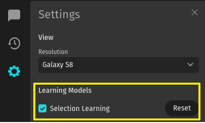 The Settings view of the Simulator outlining the Learning Models section, with the Selection Learning option checked.