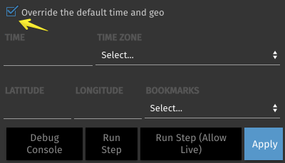 "Override the default time and geo" optin selected in a Story step