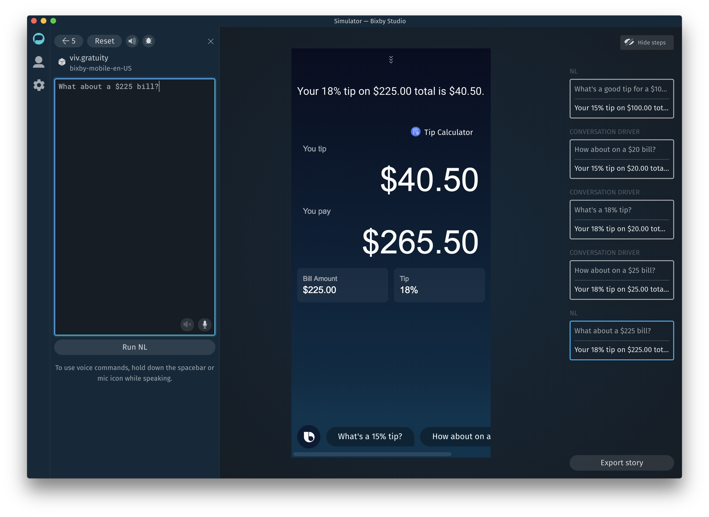 Example Simulator window for a "What's a good tip" story in a gratuity capsule