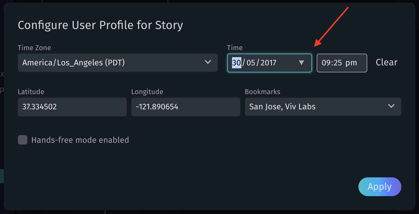 The Configure User Profile for Story window, an arrow pointing to the Time setting