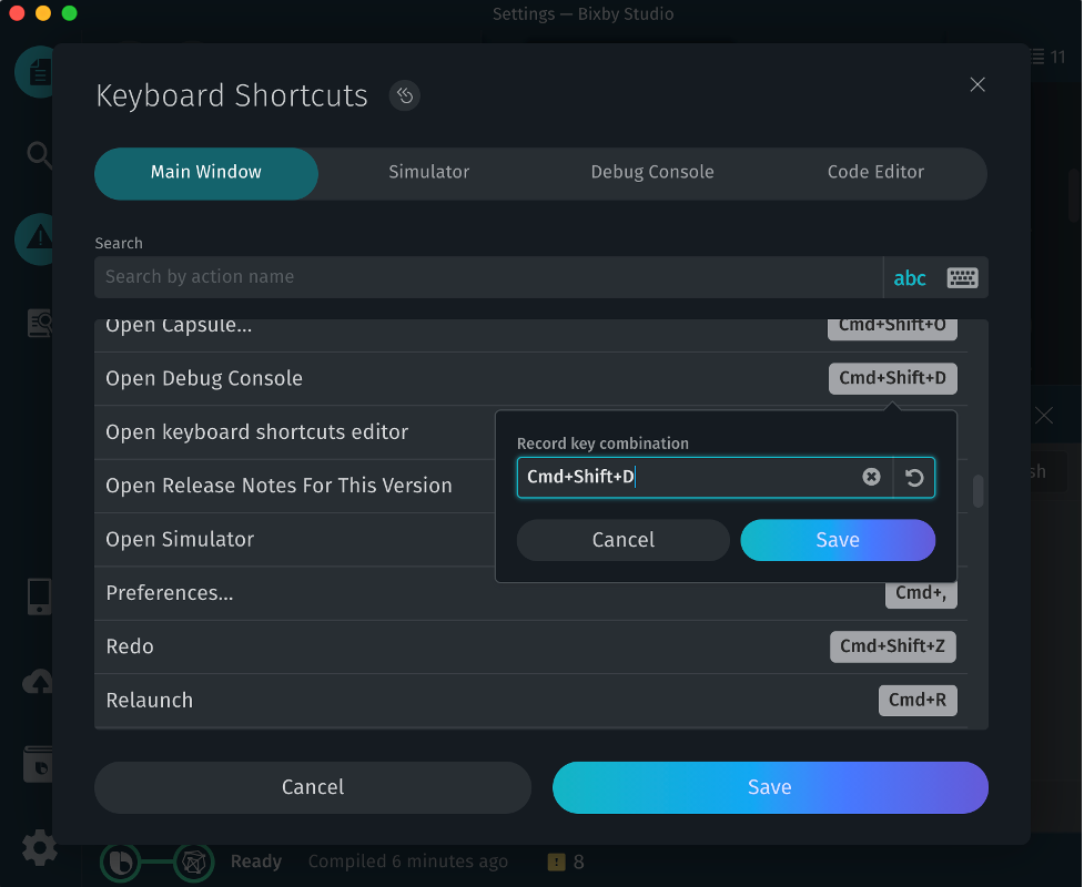 Changing a keyboard shortcut in the Keyboard Shortcuts window